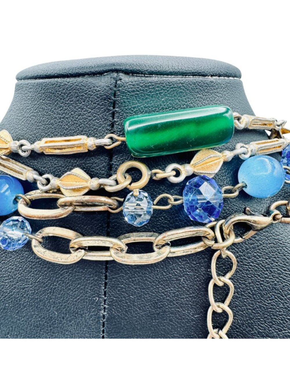 Vintage Station Bead Necklaces Green Blue Glass Beads Gold Tone 36" 48" 1960s - Picture 4 of 6